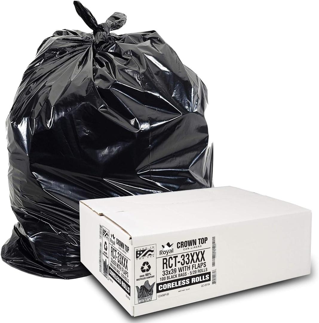 Aluf Plastics RCT-33XXX Heavy Duty 33 Gallon Trash Bags (Huge 100 Ct. /w Flap Ties) - 2 MIL equiv. Thick Gauge Large Black Plastic Garbage Liners for Kitchen, Home. Outdoor, Lawn, Yard, Contractors, Brute/Rubbermaid cans