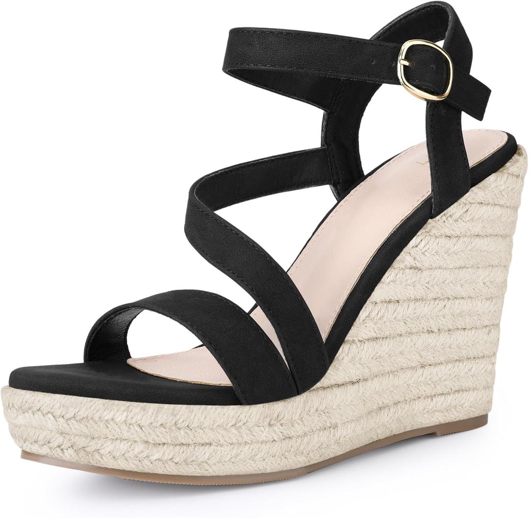 Allegra K Women's Wedges Heels Platform Strappy Ankle Strap Espadrilles Black Wedge Sandals 9 M US