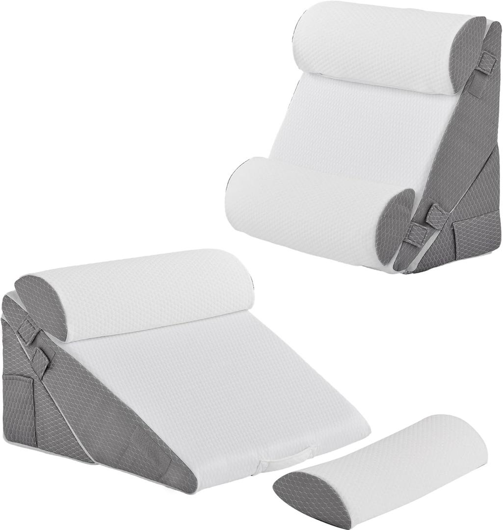 Bedluxe Adjustable 4pcs Bed Wedge Pillow Set, Memory Foam Wedge Pillows Post Surgery for Back, Neck, Leg Pain Relief, Pillow Wedge for Sleeping, Sitting up in Bed, Acid Reflux and GERD, White/Grey (Adjustable 9&12 Inch + 2 Head Pillow)