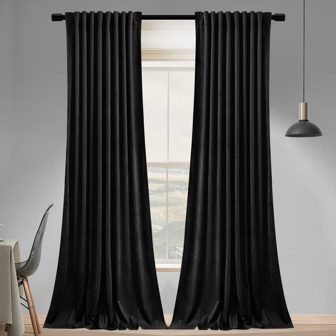 SNITIE Black 108 in Long Velvet Curtains with Back Tab and Rod Pocket Thermal Insulated Soft Privacy Light Filtering Velvet Drapes for Bedroom and Living Room, Set of 2 Panels, 52 x 108 Inches Long