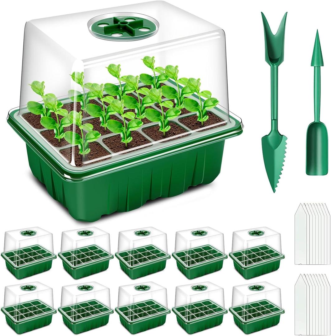 YAUNGEL Seed Starter Tray, 10 Pack 120 Cells Thicken Seed Starter Kit with Heightened Lids Humidity Dome Seedling Starter Trays for Indoor Gardening Plant, Green