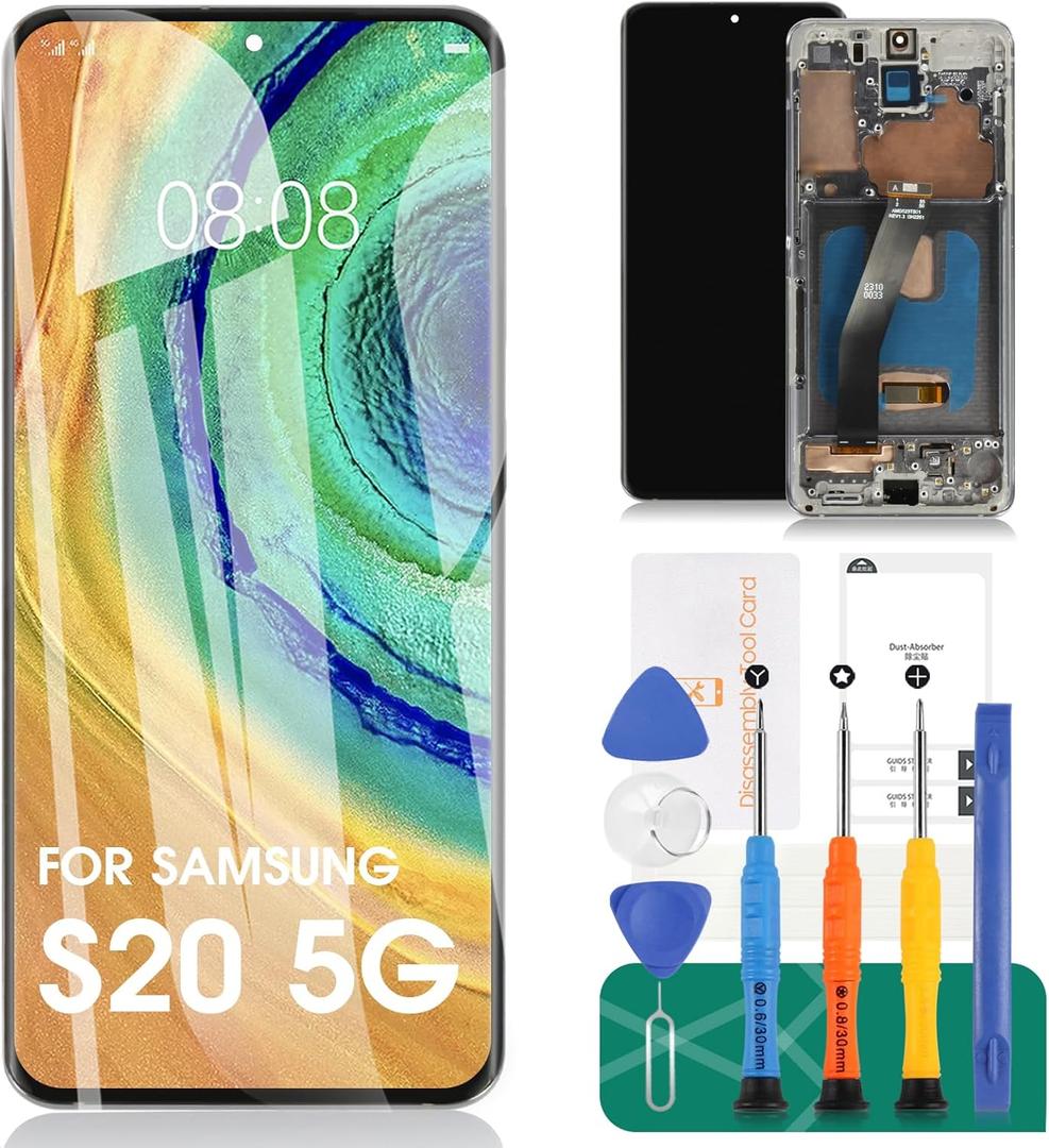 [Long Slot] OLED for Samsung S20 5g Screen Replacement for Galaxy S20 5g LCD Digitizer Repair Kits G981F G981U G981B Touch Screen Display Assembly Replacement Silver with Frame (with Fingerprint)