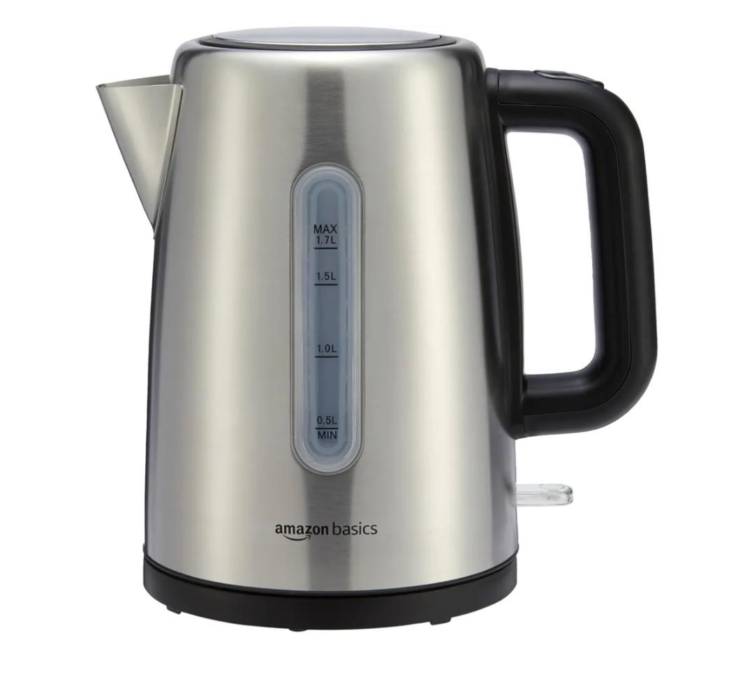 Basics Electric Stainless Steel Kettle for Tea and Coffee, BPAFree, Fast Boiling, Auto ShutOff, 1.7 Liter, 1500W, Black and Silver
