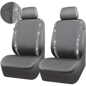 CAR PASS Gray Leather Diamond Bling Car Seat Covers 2 Front Interior Sets, Waterproof Universal Shining Glitter Crystal Sparkle Fit for 95% Automotive Truck SUV Cute Women Girl, Gray Rhinestone