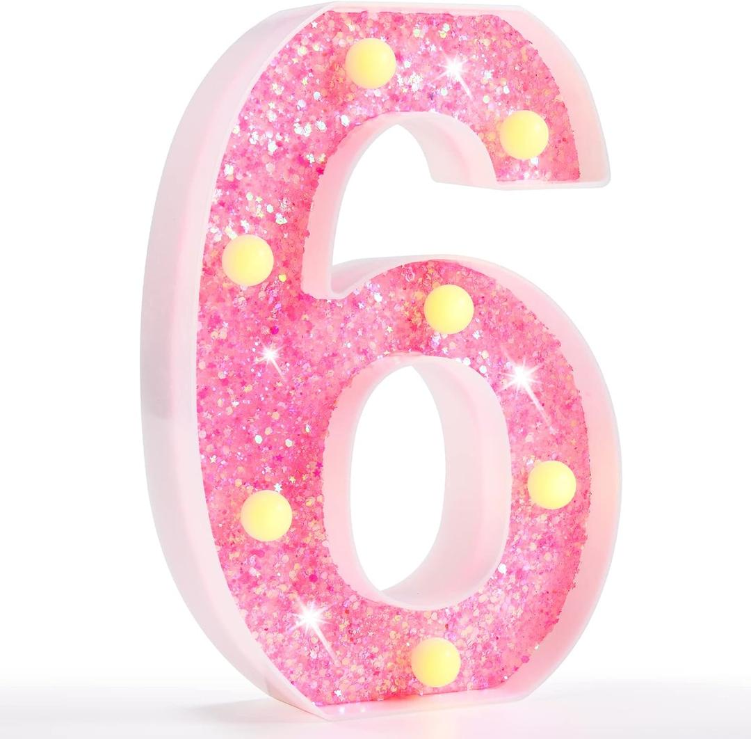 Pooqla Marquee Number Lights, Pink Light Up Numbers for Girls 6th Birthday, Battery Powered Glitter Number Night Light Gift for Christmas Bedroom Dorm Party Decoration, Pink Number 6 (Warm White)