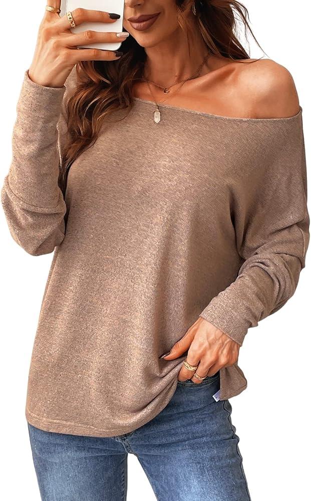 CUPSHE Women Long Sleeve Off The Shoulder Knitted Tops Casual Loose Fit Solid Blouses, L