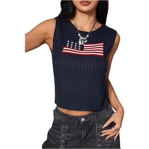 GORGLITTER Women's American Flag Crop Tank Tops Sleeveless 4th of July Patriotic Summer Outfits Sweater Vest (Black, L)