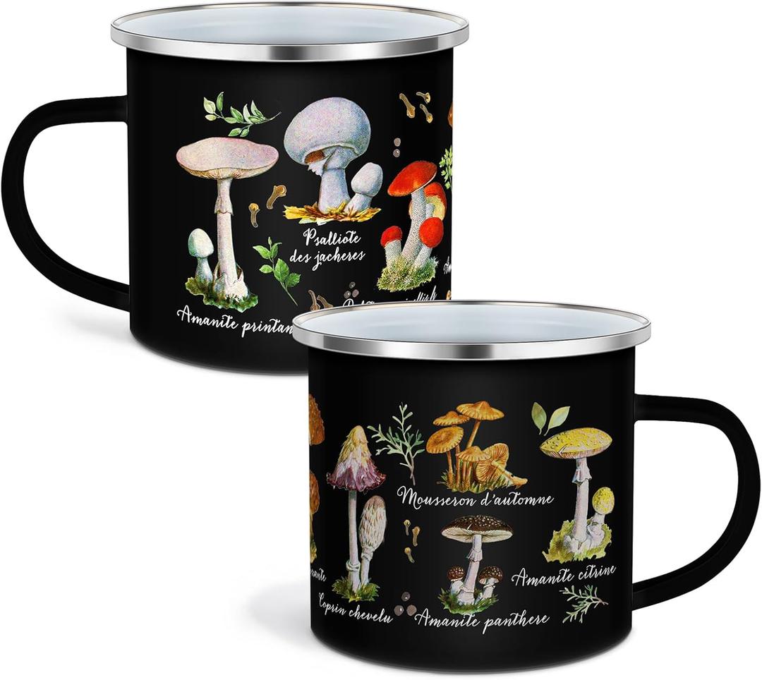 Cunhill 2 Pieces Mushroom Enamel Mug Set Kawaii Mushroom Coffee Cup Thank You Gift Enamel Camp Mug Cute Decor Tin Tumbler Travel Spring Hiking Walking Camping (Black)
