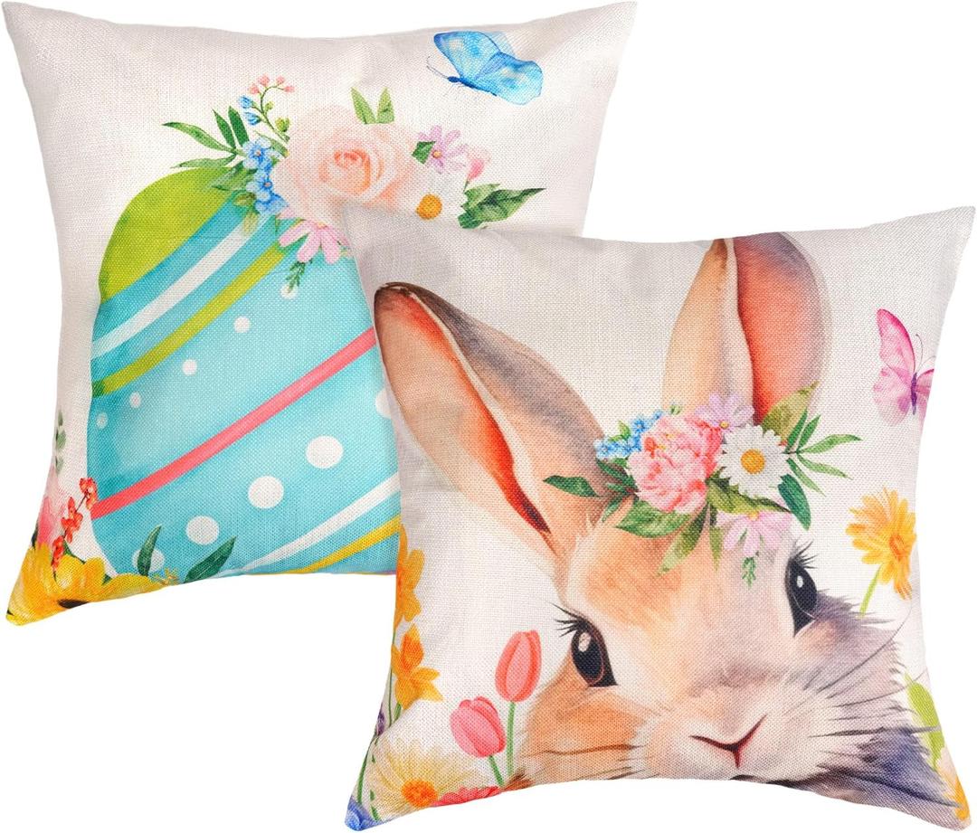 Sucrain 2 PCS Easter Bunny Throw Pillow Covers 18x18 inch Spring Easter Eggs Rabbit Decorative Pillows Cushion Case for Couch Sofa Patio Garden Spring Decor