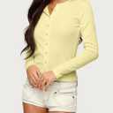 Women Open Button Down Picot Crew Neck Long Sleeve Cropped T Shirts Slim Fit Pointelle Crop Tops Fall Tees Outfits Yellow (Yellow, M)