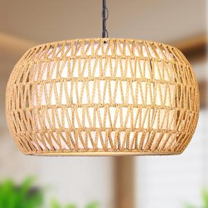 Handwoven Rattan Boho Farmhouse Chandelier - 19" Adjustable 5-Light Pendant for Dining Room & Kitchen Island, Coastal Rustic Ceiling Light