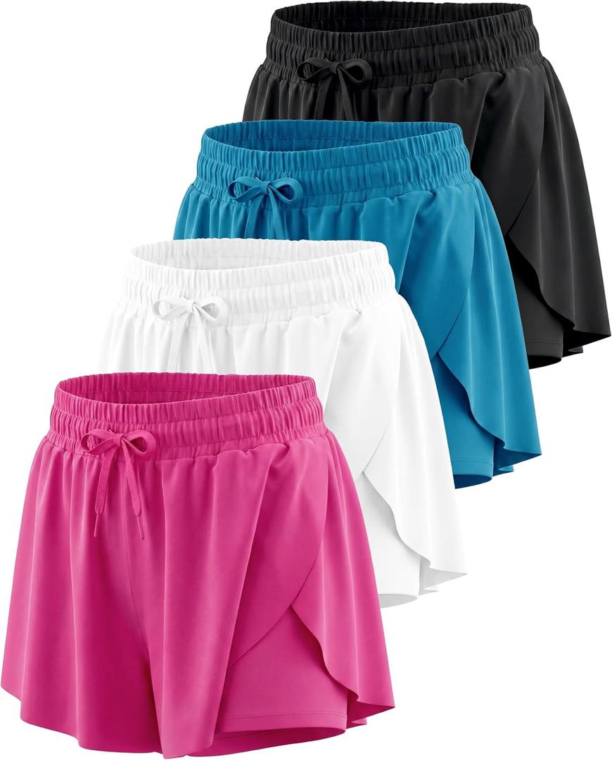 Real Essentials 4 Pack: Girls' 2-in-1 Dry Fit Athletic Flowy Shorts - Butterfly Dance Skirts for Youth & Teens (Ages 4-18) (S)