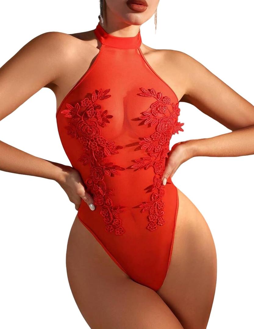 Avidlove Teddy Lingerie for Women Sexy Mesh Bodysuit Snap Crotch Body Suits Sheer Emboroidered One Piece Babydoll (Red)