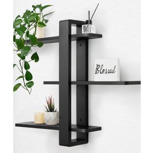 SUMGAR Black Floating Shelves for Wall Mounted Shelving Unit All Pine Wood 3 Tier Large Shelf for Bedroom Living Room Office Bathroom Home Decoration Storage Plant Photo Display Modern 20in