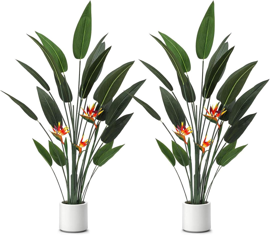 Crowye 2 Pcs 5 ft Artificial Bird of Paradise Plant Faux Banana Leaf Tree Tall Lifelike Fake Palm Tree Potted Plant with 3 Tropical Flowers & 20 Trunks for Indoor Outdoor Home Office Living Room Decor