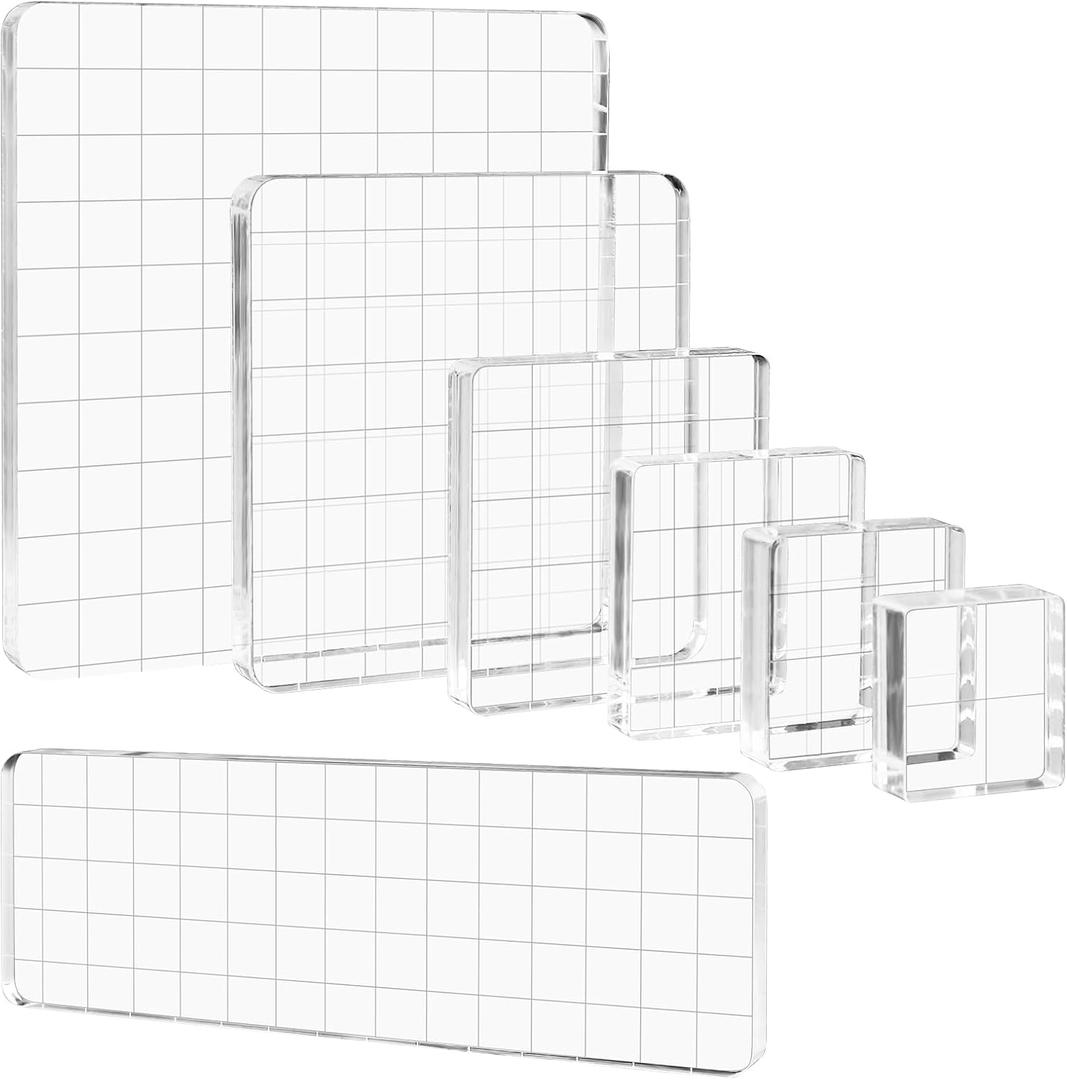 Briartw 7 Pieces Acrylic Stamp Block Clear Stamping Tools Set with Grid Lines for Scrapbooking Crafts Card Making,Clear Acrylic Stamp Block Kit with Grid Lines,Assorted Sizes,Thickness 8mm (7 Pcs Smooth Edge)