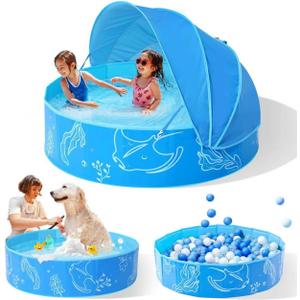 Hikiddy Foldable Kiddie Pool with Canopy: 31.5in/ 47in /63in for Baby Toddler Kids Family - Summer Water Play Pool with Shade - Portable for Outdoor Backyard Beach (Blue-Blue, 47in)