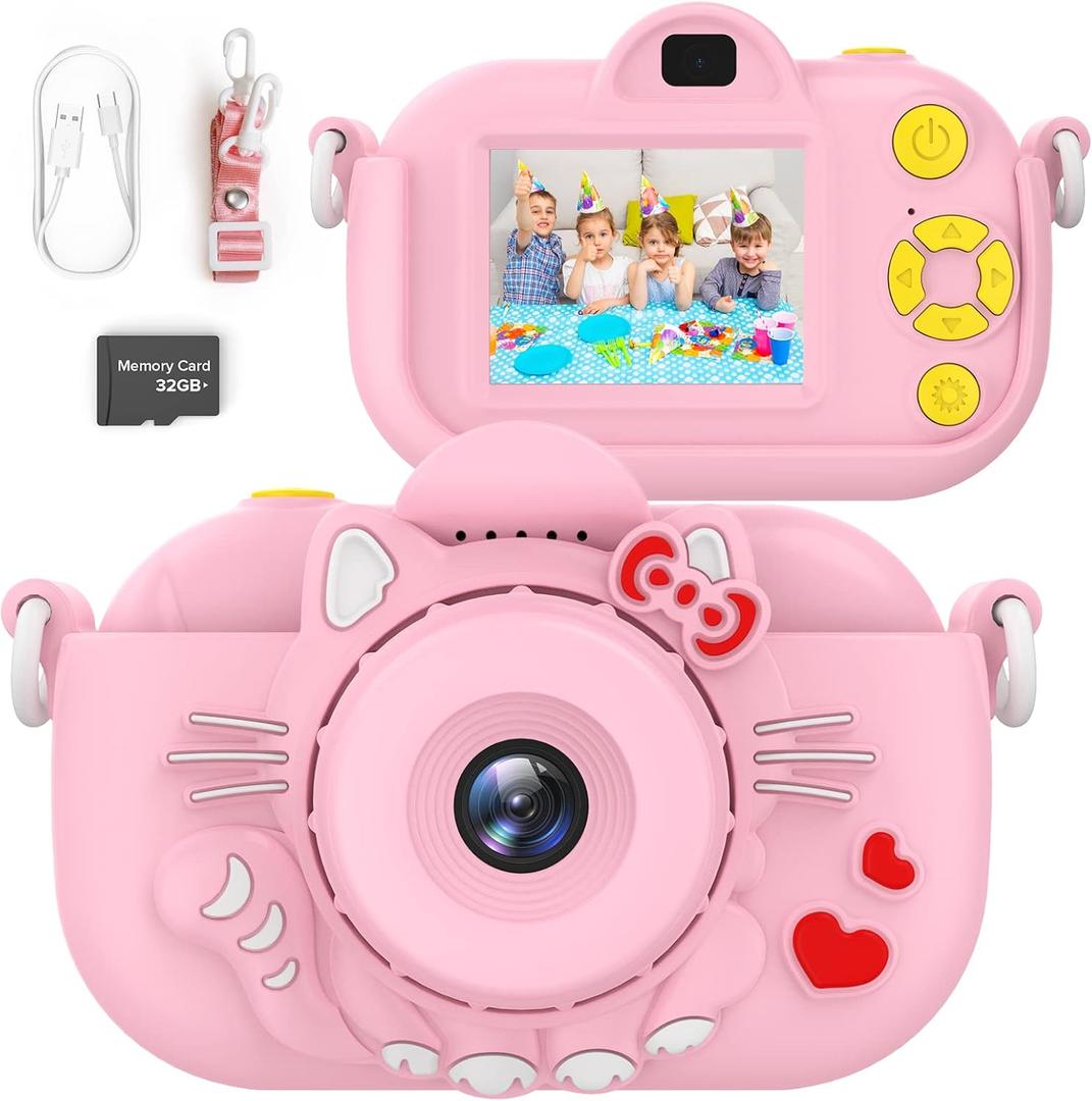 ENGUNS Kids Camera for Girls Age 3-12, 32MP HD Digital Camera for Kids, Dual Lens Toddler Camera, Video Camera for Toddlers, Girls Birthday Gifts Toys (Pink)