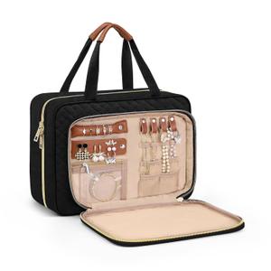 Wedama Toiletry Bag for Women, Hanging Travel Toiletry Bag with Jewelry Organizer Compartment Medium Makeup Bag, PVC Waterproof Cosmetic Travel Bag Trips Camping Bathroom, Black+Brown