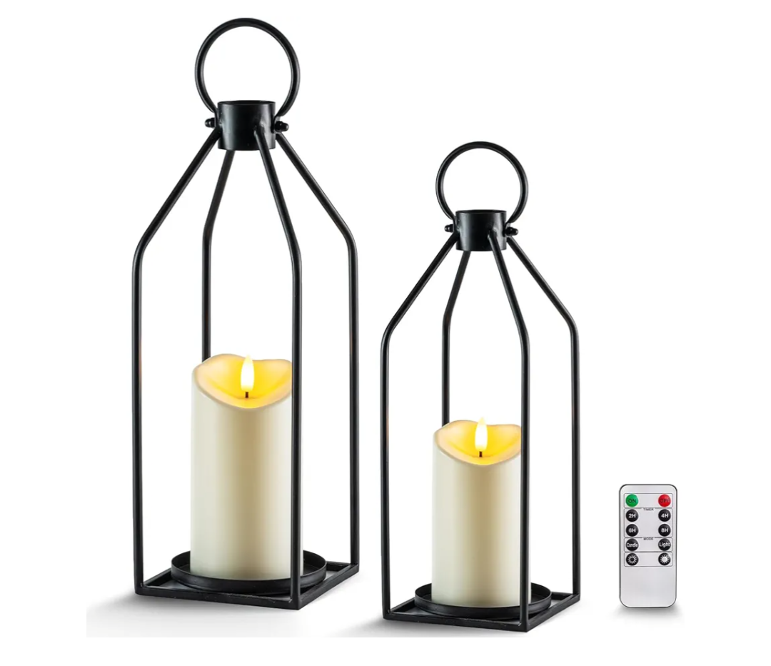 Homemory Modern Christmas Farmhouse Lantern Decor with Waterproof Flameless Candle & Remote Timer, 2PCS Black Metal Candle Lantern Decorative for Outdoor Indoor Home Living Room Patio Porch Table