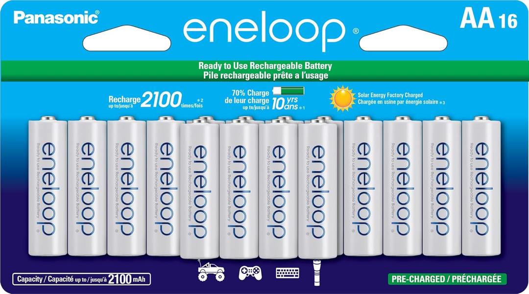Eneloop Panasonic BK-3MCCA16FA AA 2100 Cycle Ni-MH Pre-Charged Rechargeable Batteries, 16-Battery Pack
