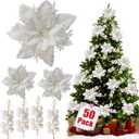 50pcs Glitter Poinsettia Christmas Ornaments, Artificial Flowers with Clips Stems for DIY Wreath Making, Holiday Home Party Decorations, Indoor Use (White)