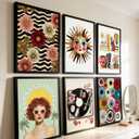 KKP 6Pcs Colorful Girl Bedroom Wall Art, Chic Eclectic Posters Prints, Boho Sun Face ＆ Record Player and Books Pictures Wall Decor for Teen Girls Apartment Dorm 12x16 Inch Unframed