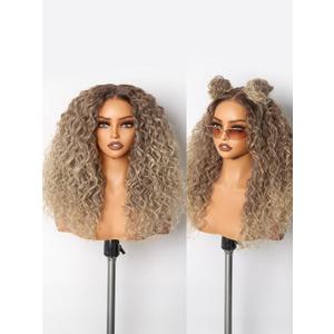 GORGIUS Brown and Blonde Highlight Curly Lace Front Wigs Pre Cut Glueless Highlighted Synthetic Wig Upgraded with Premium Human-Hair-Like Fiber Pre Plucked Hairline 20 Inch