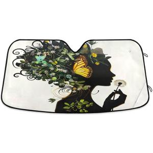 Black Afro Girl Butterfly Flowers Car Windshield Sun Shade African American Woman Sunshade Block UV Rays Protector Keep Your Vehicle Cool Sun Shield Visor Cover Foldable for Car Truck SUV S