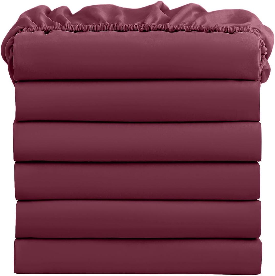 FreshCulture Queen Fitted Sheets, Bulk Pack of 6, Deep Pocket, Soft Microfiber Bottom Sheets for Home, Salons, Hotels, Queen Size Fitted Sheets Only (Burgundy)
