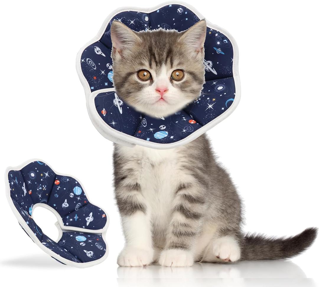 Soft Cat Cone, Adjustable Recovery Collar After Surgery to Prevent Licking Wound, Protective Cat Neck Cone, Comfortable Pet Elizabethan Collar for Cats Kittens and Puppies (XS) (XS (Neck: 2.7-4.8 in), Planet Pattern)