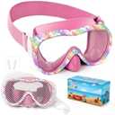 Kids Swim Goggles, Anti-Leak Snork Mask with Nose Cover & Elastic Fabric Strap, UV Protection Swimming Goggles for Kids Boys Girls (Pink-Unicorn)