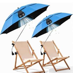 Sunnymove Beach Chair Umbrella with Adjustable Clamp & Solar Fan, UPF 50+, 2Pcs