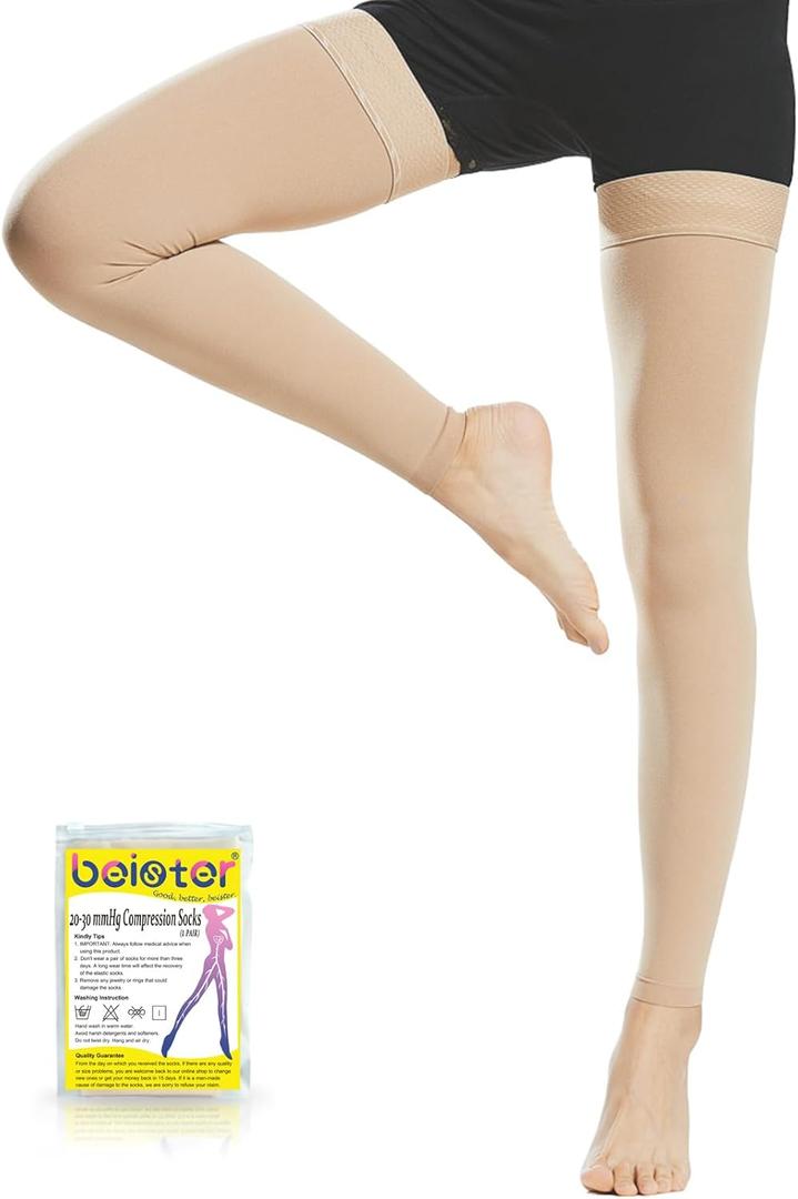 Beister Thigh High Footless Compression Sleeves with Silicone Band for Women & Men, Firm 20-30 mmHg Graduated Support (Large, Beige)