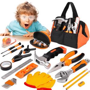 27PCS Orange Kids Tool Set with Tool Storage Bag, Real Hand Tools Kit for Boys Girls, Children Learning Tools for DIY Building, Woodworking & Construction, 6 7 8+ Year Old Boy Christmas Birthday Gift