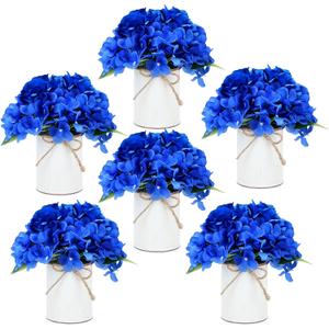 Flower Table Centerpieces - Set of 6 Floral Arrangement Artificial Wedding Hydrangeas Floral Arrangement with Rustic Metal Vase for Bridal Tea Party Event Decorations - Royal Blue