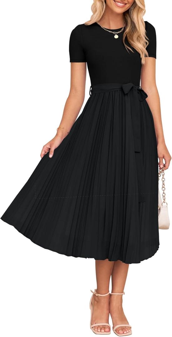 ZESICA Womens 2025 Summer Short Sleeve Midi Dresses Casual Crew Neck Knit Belted Pleated A Line Flowy Wedding Guest Dress (Black, Medium)