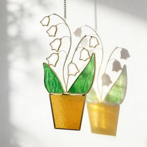 2 x Lily of the Valley Suncatcher - May Birth Flower Gold Edged Stained Glass, 8 Inch Real Glass Window Hanging, Thoughtful Memorial, Grandma & Plant Lover Gift for Mother‘s Day, Wedding, Housewarming