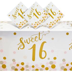 BLUE PANDA 3 Pack Sweet 16 Tablecloth for Girl 16th Birthday Party Decorations (54 x 108 in) - Birthday Tablecloth