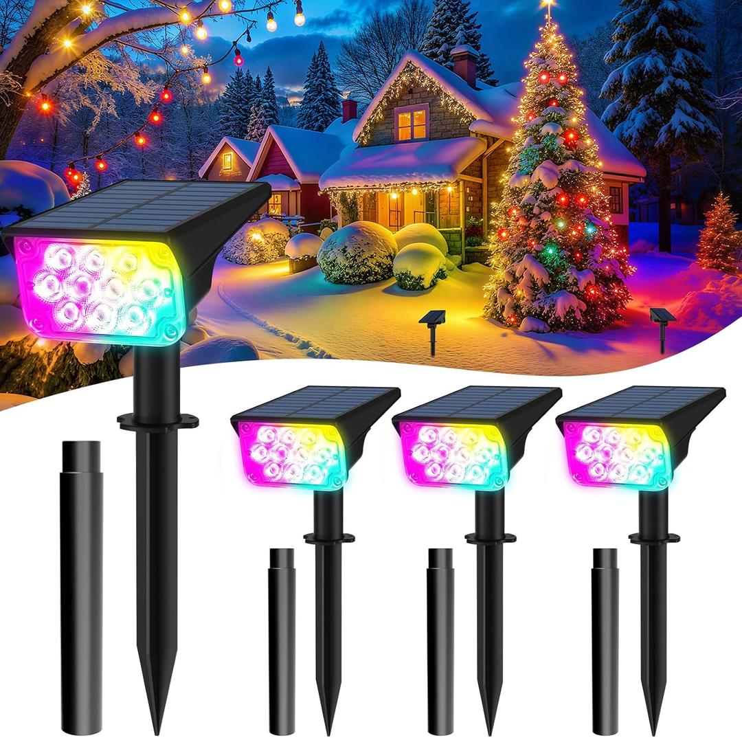 T-SUNUS RGB Solar Landscape Spotlights Christmas Outdoor, IP65 Waterproof Color Spot Light Auto Dusk to Dawn Landscaping Wall Lights for Tree Yard Garden Driveway Porch Walkway Pond Halloween 4 Pack