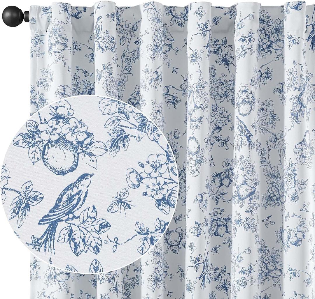 Vangao Blue 100% Blackout Curtains for Bedroom 84 Inch Length, Country Flower Floral Curtains for Living Room Toile Cottagecore Thermal Insulated Window Drapes, 2 Panels Blue and White