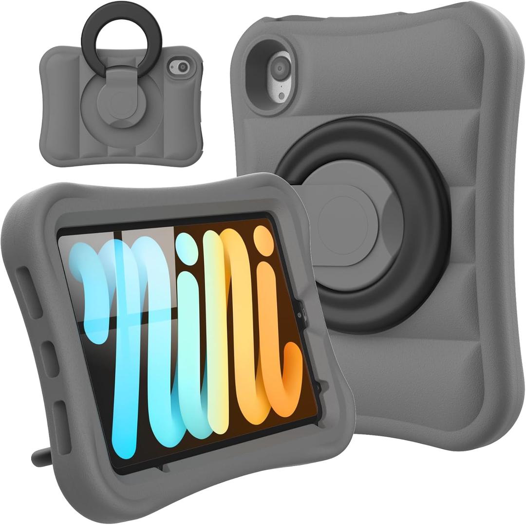 Kids Case for iPad mini 7 (A17 Pro) 2024 / Mini 6th Gen 2021 8.3 inch Lightweight Flexible Shockproof Rotating Stand Handle Rugged Cover for iPad mini 7th 6 Generation Girls Boys, Grey Black