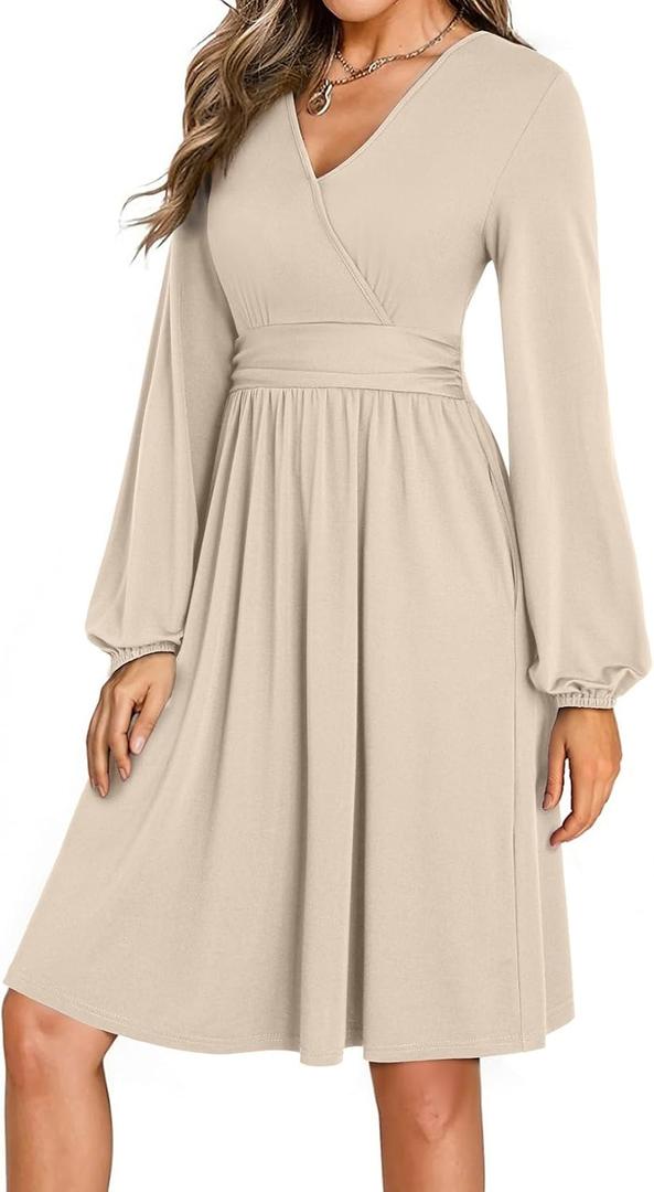 Dokotoo Womens 2026 Spring Summer Wrap V-Neck Long Sleeve Empire Waist Dress Elegant Mini Dresses with Pockets (M)