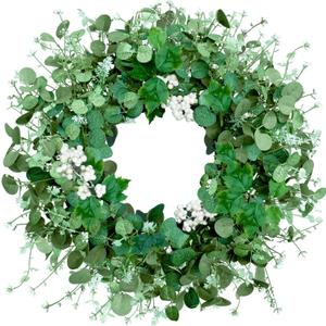 Qingbei Rina Spring Wreaths for Front Door 22-24 Inch, Eucalyptus Door Wreath with White Berry, Maple Leaf, Green Leaf Wreaths Indoor Outdoor, Farmhouse All Seasons Porch Home Decor