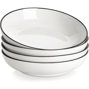 MALACASA 8.85" Large Pasta Bowls, 42 OZ White Salad Bowls Soup Bowls, Porcelain Serving Bowls Set of 4, Ivory White & Black Rim, Microwave & Dishwasher Safe, Series REGULAR