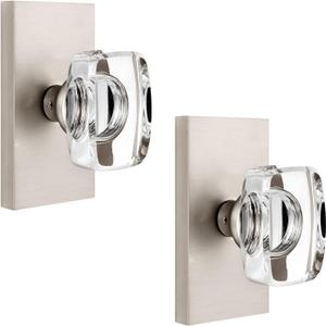 Glass Brushed Nickel Dummy Door Knobs Interior, Crystal Glass Dummy Door Handles Modern Rectangular for Closet Bifold Doors, 2 Pack, Silver