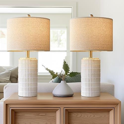 PoKat 23" Modern Ceramic Table Lamp Set of 2 for Living Room White Desk Lamps for Bedroom Farmhouse Bedside Nightstand Lamp House Warming Gifts New Home Decor End Table Lamps Gifts for Women Mom Beige
