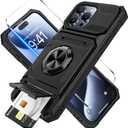 for iPhone 15 Pro Wallet Case with Card Holder + 1 Screen Protector, (2 Cards) & 360Ring Kickstand Military Grade Drop Shockproof Rugged Case for iPhone 15 Pro 6.1" (Black)