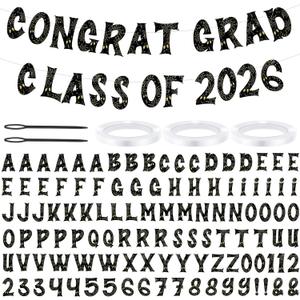 Kosiz 116 Pcs DIY Letter Custom Banner Customizable Banner Kit Graduation Letter Garland Including 111 Letters Numbers 3 Rope 2 Threading Device for Graduation Class of 2026 Party Classroom Decor (Black and Gold)