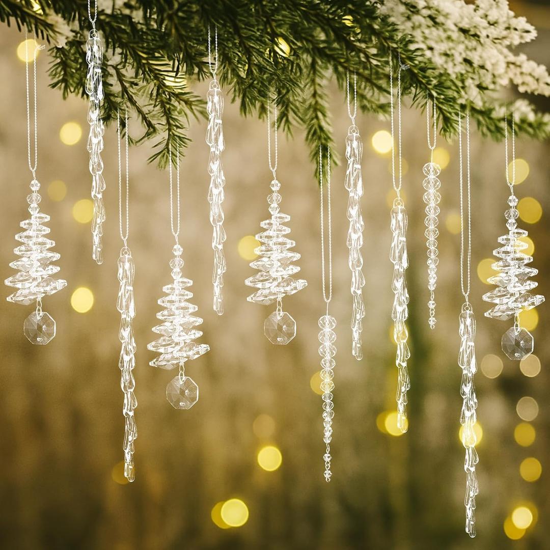 Soulchen 48 Pcs Crystal Icicle Christmas Tree Ornaments 3 Styles Christmas Icicles Drop Clear Plastic Chandelier Pendants Crystal Hanging Decoration for Xmas Tree Winter Wedding Holiday